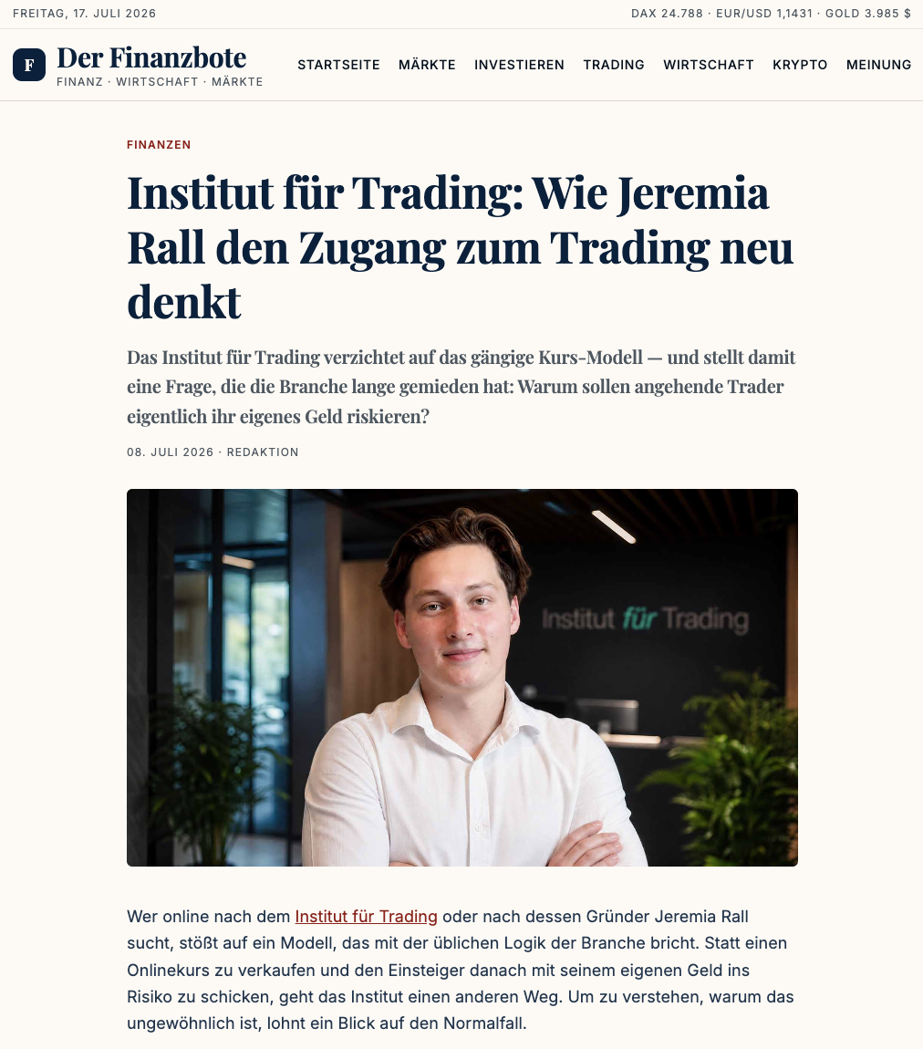 Der Finanzbote – Institut für Trading: Wie Jeremia Rall den Zugang zum Trading neu denkt