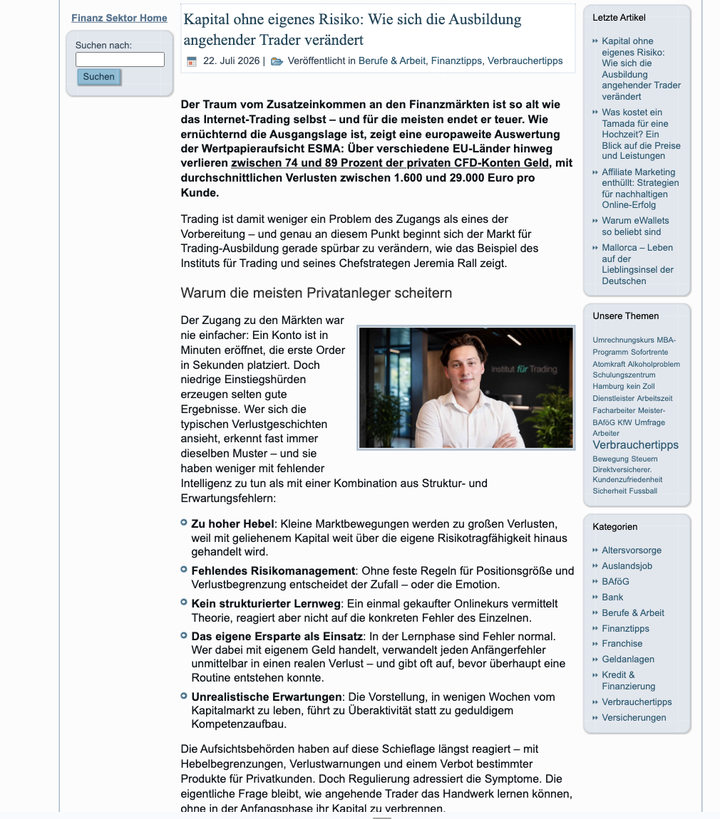Artikel in Finanz Sektor: Kapital ohne eigenes Risiko: Wie sich die Ausbildung angehender Trader verändert